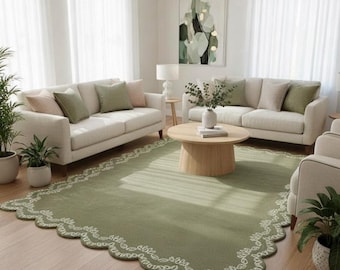 Sage Green Scalloped Wool Rug, Hand Tufted Floral Border Carpet, Modern Living Room Decor