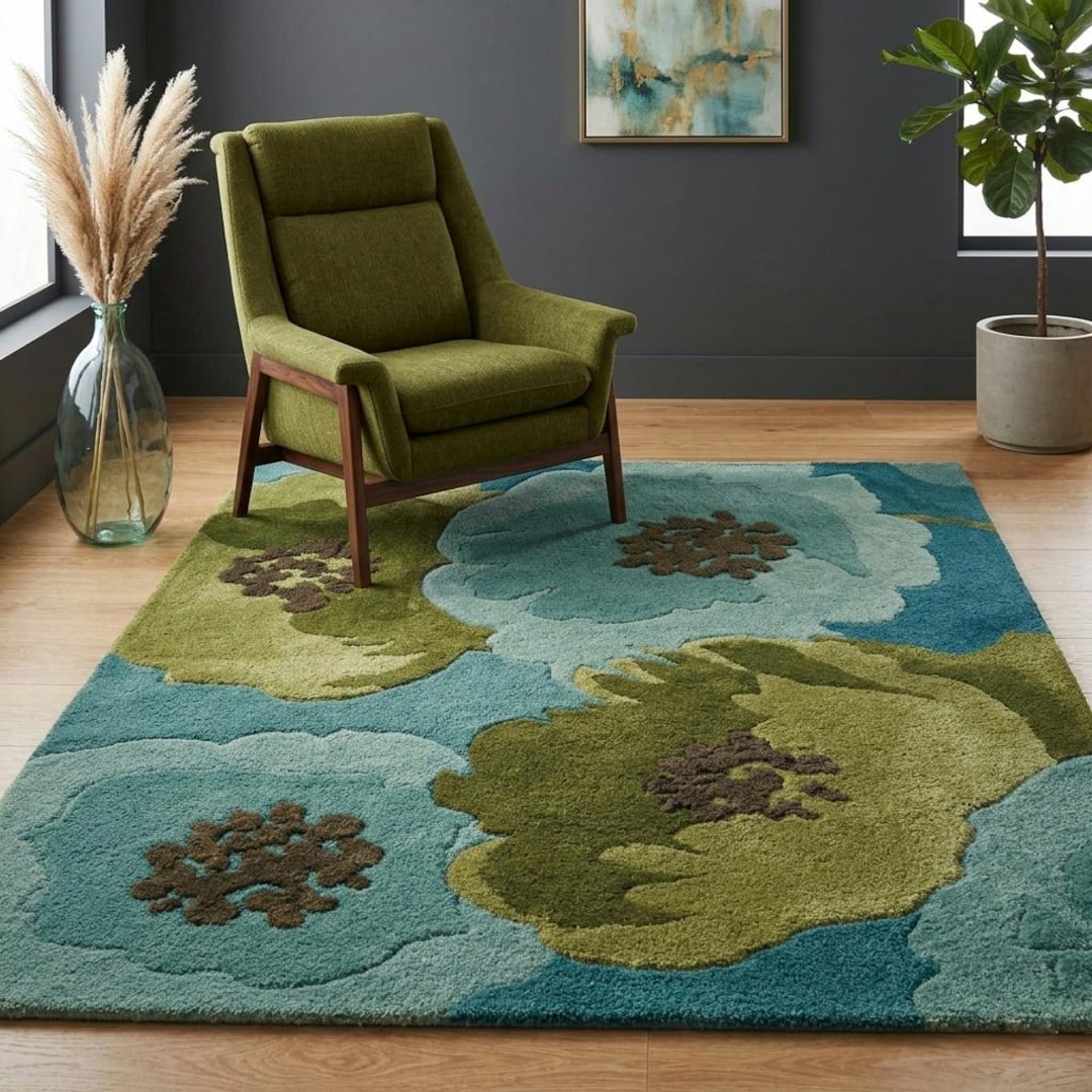 Handmade Tufted Floral Area Rug, Green Blue Landscape, Organic Texture ...