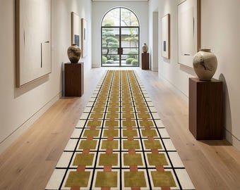 Alfombra de pasillo de lana hecha a mano: Alfombra geométrica verde oliva para pasillo.