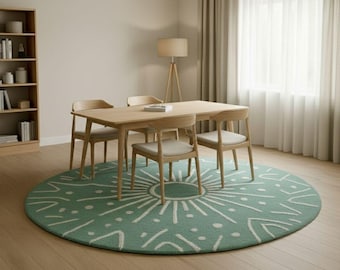 Modern Wool Round Area Rug – Green Sunburst Boho Carpet
