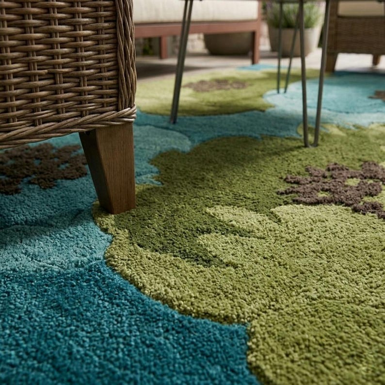 Handmade Tufted Floral Area Rug, Green Blue Landscape, Organic Texture ...