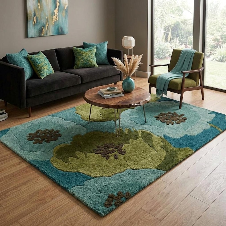 Handmade Tufted Floral Area Rug, Green Blue Landscape, Organic Texture ...