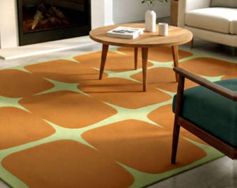 Retro Mid Century Modern Rug Terracotta Orange Area Carpet, 1970s Aesthetic Curved Grid Living Room Rug, Trending Soft Geometric Floor Art