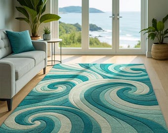 Hand-Tufted Wool Area Rug | Teal Blue Ocean Wave Design Carpet | Modern Decor Rug