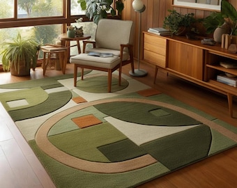 Handgetufteter Wollteppich | Mid-Century Modern Decor, Olivgrüner Abstrakter Teppich