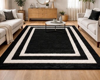 Alfombra de lana tejida a mano, borde geométrico blanco y negro, alfombra escandinava para sala de estar.