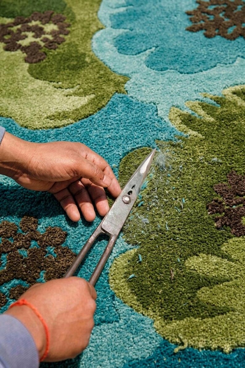 Handmade Tufted Floral Area Rug, Green Blue Landscape, Organic Texture ...