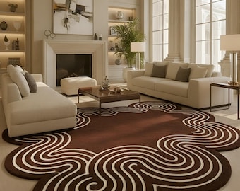 Brown Wool Area Rug | Wavy Line Abstract, Handmade
