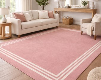 Handmade Blush Pink Wool Rug, Modern  Border design Hand-Tufted wool carpet