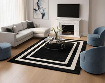Hand-Tufted Black and Cream Geometric Wool Rug, Modern Plush Living Room Carpet