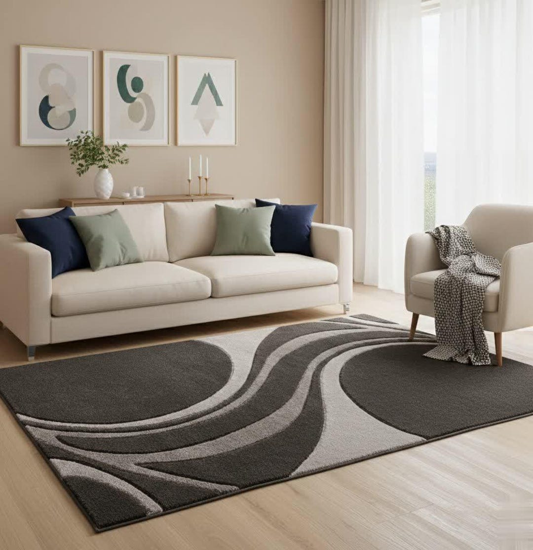 Modern Abstract Grey Wavy Area Rug – Contemporary Soft Living Room ...