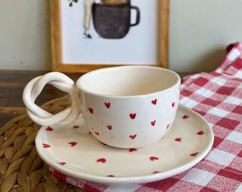 Handmade Heart Ceramic Mug and Saucer Set, Coffee Cup