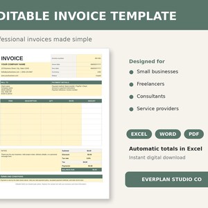 Editable Invoice Template for Small Business Excel Word and PDF - Etsy