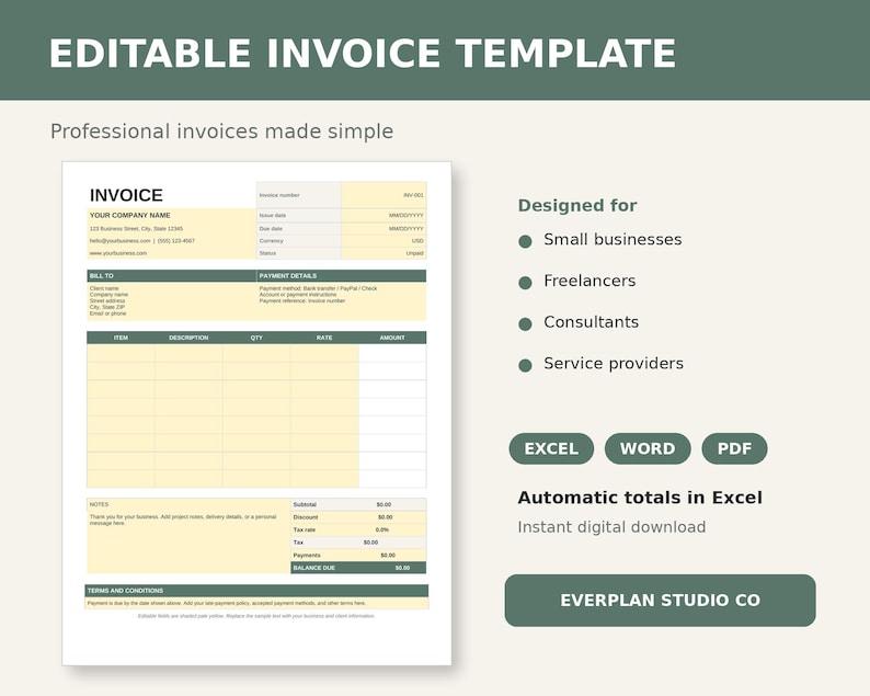 Editable Invoice Template for Small Business Excel Word and PDF - Etsy