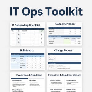 May include: A digital graphic titled "IT Ops Toolkit" with several charts and checklists. The charts include an IT Onboarding Checklist, Capacity Planner, Skills Matrix, Change Request, Executive 4-Quadrant, and Executive 4-Quadrant Update.