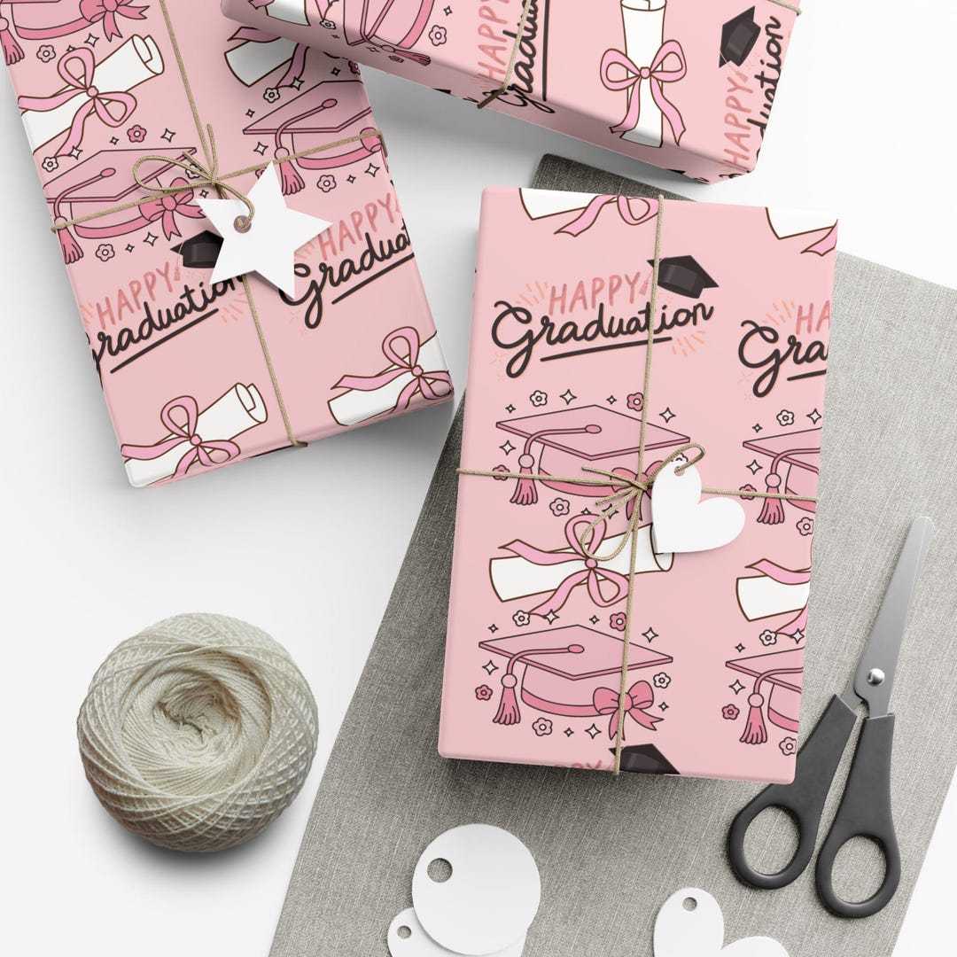 Pink Graduation Cap and Diploma Gift Wrap Papers | Graduation Wrapping ...
