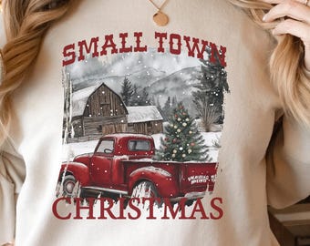 Sudadera navideña de pueblo pequeño, jersey navideño vintage de camión rojo