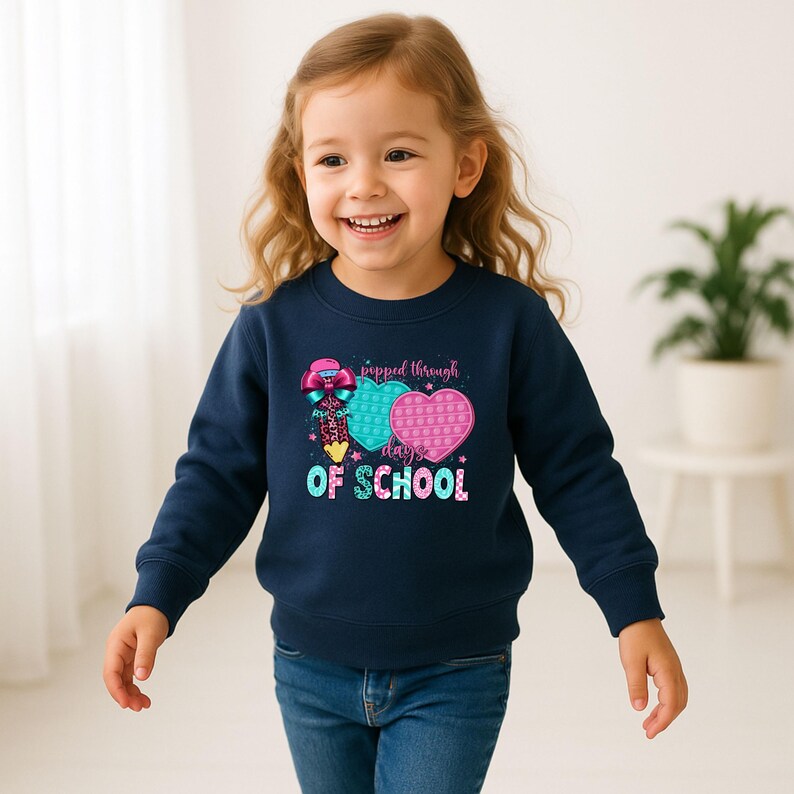 May include: A navy blue sweatshirt featuring a colorful graphic with the text "popped through days of school". The graphic includes a pencil, hearts, and stars. The sweatshirt is worn by a young child.