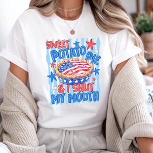 Camiseta con estampado de pastel de batata "Me callo la boca", camiseta patriótica divertida del 4 de julio.