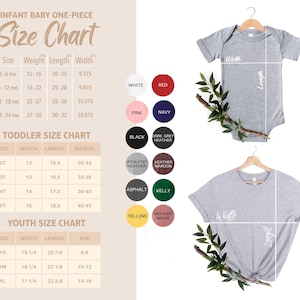 May include: A size chart for infant, toddler, and youth clothing, with measurements in inches and pounds. The chart includes size, weight, length, and width. Color swatches are also displayed.
