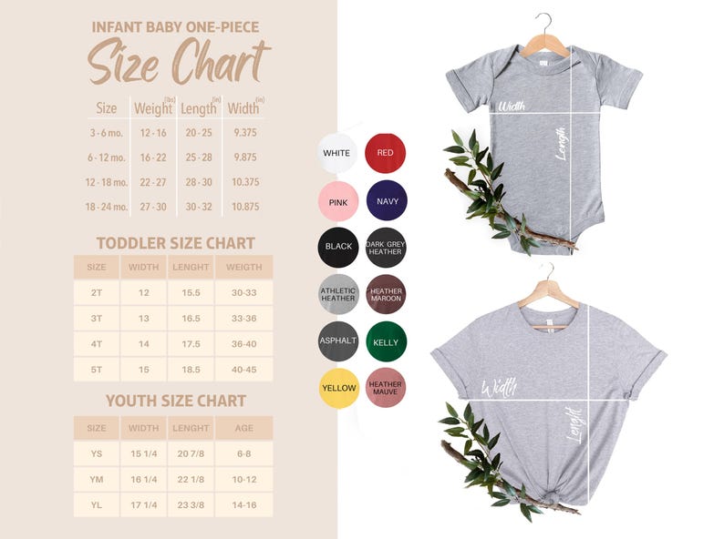 May include: A size chart for infant, toddler, and youth clothing, with measurements in inches and pounds. The chart includes size, weight, length, and width. Color swatches are also displayed.