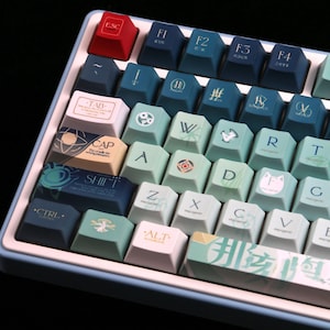 Puede incluir: Un teclado mecánico personalizado con un marco azul claro y una variedad de teclas. Las teclas son en tonos de azul, verde y blanco, con símbolos y texto. La tecla ESC es roja.