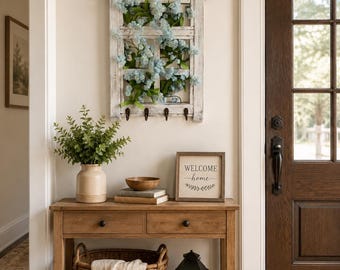 Blue White Floral Entryway Organizer – Faux Vine, Key Hooks, Whatnot Shelf