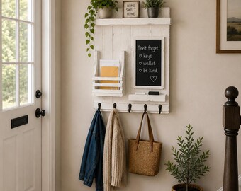 Farmhouse Rustic Distressed Entryway Organizer with Chalkboard, Key Hooks and Mail Holder