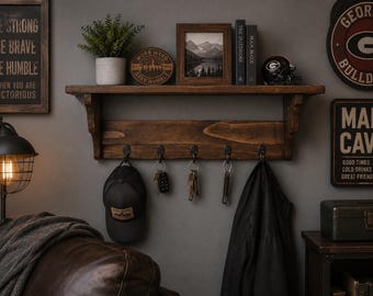 Wall Mounted Shelf With 5 Key Hooks, Rustic Farmhouse