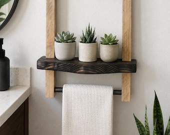 Rustic Distressed Farmhouse Live Edge Shelf with Tea Towel Rack Bathroom Kitchen
