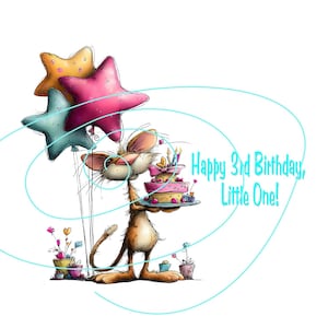 May include: A whimsical illustration of a brown cat holding a two-tiered pink birthday cake with candles. The cat is surrounded by three star-shaped balloons in pink, blue, and yellow, with the text Happy 3rd Birthday, Little One! in blue.