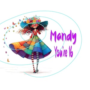 Pode incluir: Uma ilustração digital de uma personagem usando um chapéu de aba larga adornado com flores coloridas, óculos redondos vermelhos e um vestido de patchwork multicolorido. A personagem usa meias listradas e saltos, com o texto Mandy You're 16.