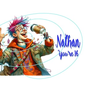 May include: A digital illustration of a person with spiky pink and blue hair, wearing round glasses, an orange hoodie, and a green jacket. The person is holding a coffee cup and making a hand gesture. Text reads: Nathan you're 16.