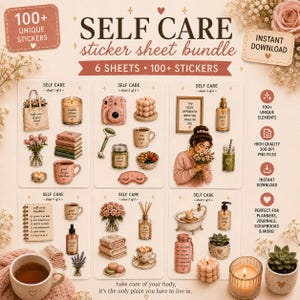 May include: A digital self-care sticker bundle featuring six sheets with over 100 unique illustrations including candles, books, flowers, skincare products, and journals. The text includes 'SELF CARE sticker sheet bundle' and '100+ UNIQUE STICKERS'.
