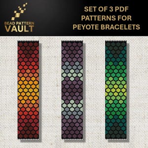 May include: Three PDF patterns for peyote bracelets. The patterns feature a honeycomb design in gradients of red to yellow, purple to green, and green to yellow. The Bead Pattern Vault logo is in the upper left corner.