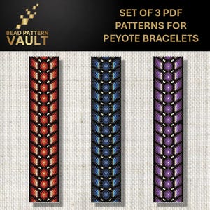 May include: Three colorful peyote bracelet patterns are displayed. The patterns are red, blue, and purple with geometric designs. The top of the image has the text "SET OF 3 PDF PATTERNS FOR PEYOTE BRACELETS". The logo "BEAD PATTERN VAULT" is in the upper left corner.