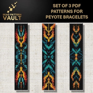 May include: Set of 3 PDF patterns for peyote bracelets. The patterns feature colorful geometric designs in shades of teal, orange, and yellow on a black background. The Bead Pattern Vault logo is in the upper left corner.