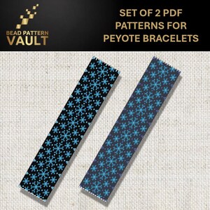 May include: Two PDF patterns for peyote bracelets. One bracelet pattern is black with blue snowflake designs, and the other is blue with a darker blue snowflake design. The text on the image says "Set of 2 PDF patterns for peyote bracelets."