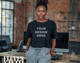 Black T-Shirt Mockup, Black Woman, Work From Home (JPG & PNG Download)
