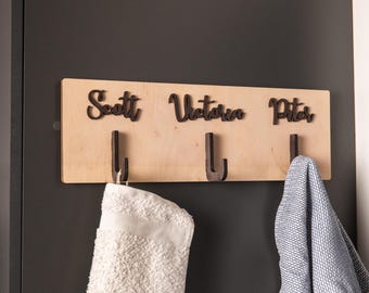 Ganchos para toallas de baño personalizados, Perchero para toallas de baño, Perchero de madera para toallas, Ganchos para toallas de baño, Ganchos con iniciales para pared