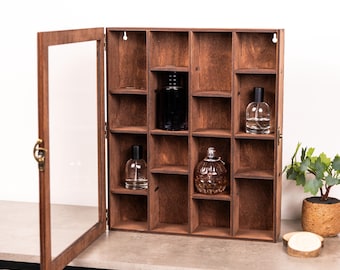 Perfume display cabinet, Wall mounted cabinet with glass doors, Perfume display wall shelf, Perfume display stand, Perfume display case