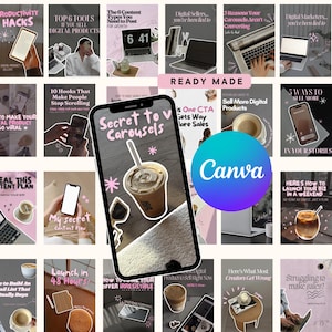 Op de afbeelding: Een verzameling social media graphics met tekst als "Productivity Hacks" en "Secret to Carousels." De centrale afbeelding toont een telefoon met een koffiedrankje en het woord "Canva." Het thema is digitale marketing en content creatie.