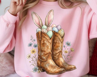 Cowgirl Easter PNG, Western Easter Bunny Boots Design, Rustic Spring Cowboy Boots Sublimation File for Women