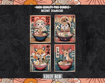 Anime Animal Ramen PNG Bundle – Sheep, Deer, Squirrel, Fox, Kawaii Japanese Noodle Bowl, Cute Anime Animals, T-Shirt & Mug Design