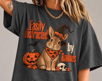 Easily Distracted by Bunnies Halloween PNG, Funny Bunny Sublimation Design, Cute Spooky Bunny Shirt Design, Retro Halloween Art