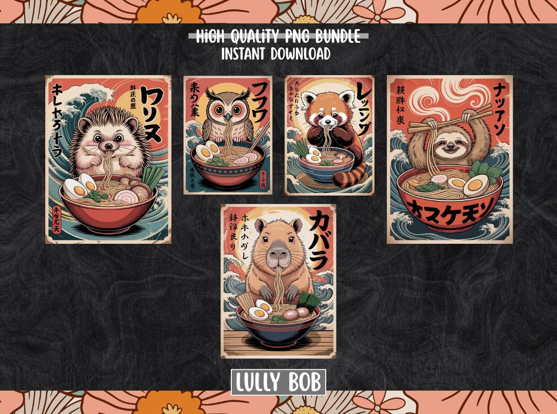 Anime Animal Ramen PNG Bundle &ndash; Owl, Red Panda, Capybara, Sloth, Hedgehog, Kawaii Japanese Noo