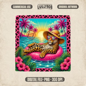 Könnte beinhalten: Digitales Kunstwerk mit einem Leoparden, der eine Sonnenbrille und einen Strohhut trägt und sich auf einem rosa aufblasbaren Ring im Meer entspannt. Das Bild hat ein tropisches Thema mit Palmen, Hibiskusblüten und einem Sonnenuntergang. Der Rand ist rosa.