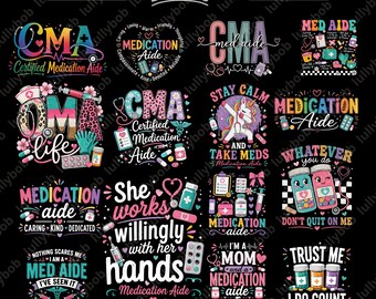 Paquete de imágenes PNG para asistentes de medicación, frases divertidas para asistentes de medicación en formato PNG, diseños de sublimación para enfermeras CMA, imágenes PNG para personal médico, regalo para trabajadores de la salud.