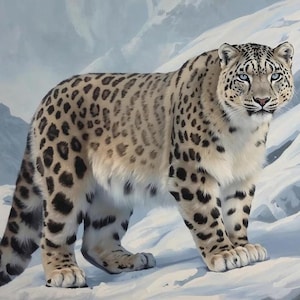 May include: A painting of a snow leopard standing on a snowy mountain slope. The leopard has thick, cream-colored fur with dark grey and black rosettes and spots. It has piercing blue eyes and a long, thick tail, positioned against a backdrop of ice.