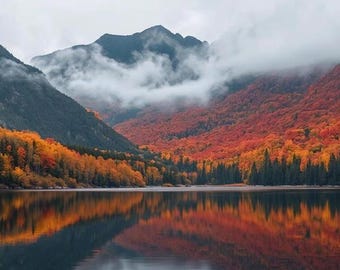 Mountain print/ mountain Landscape fall art/ mountain in fog decor/ digital download